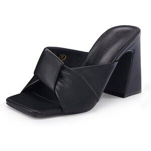 Women's Black Chunky Heeled Mules Puffy Knot Square Open Toe Slip On Sandals